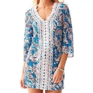 Lilly Pulitzer Brooke Lace Front Tunic Dress XS 0 2 Hippy Shake‎ Boho Cotton